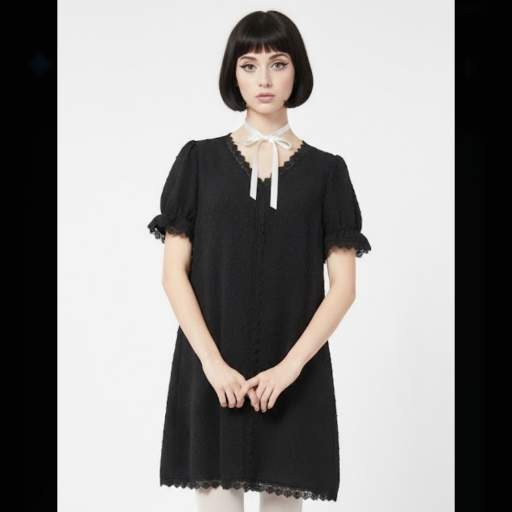 Gomorn Dress Black Shift Polka Dot Lace Coquette Fairy Whimsigoth 6(M)
